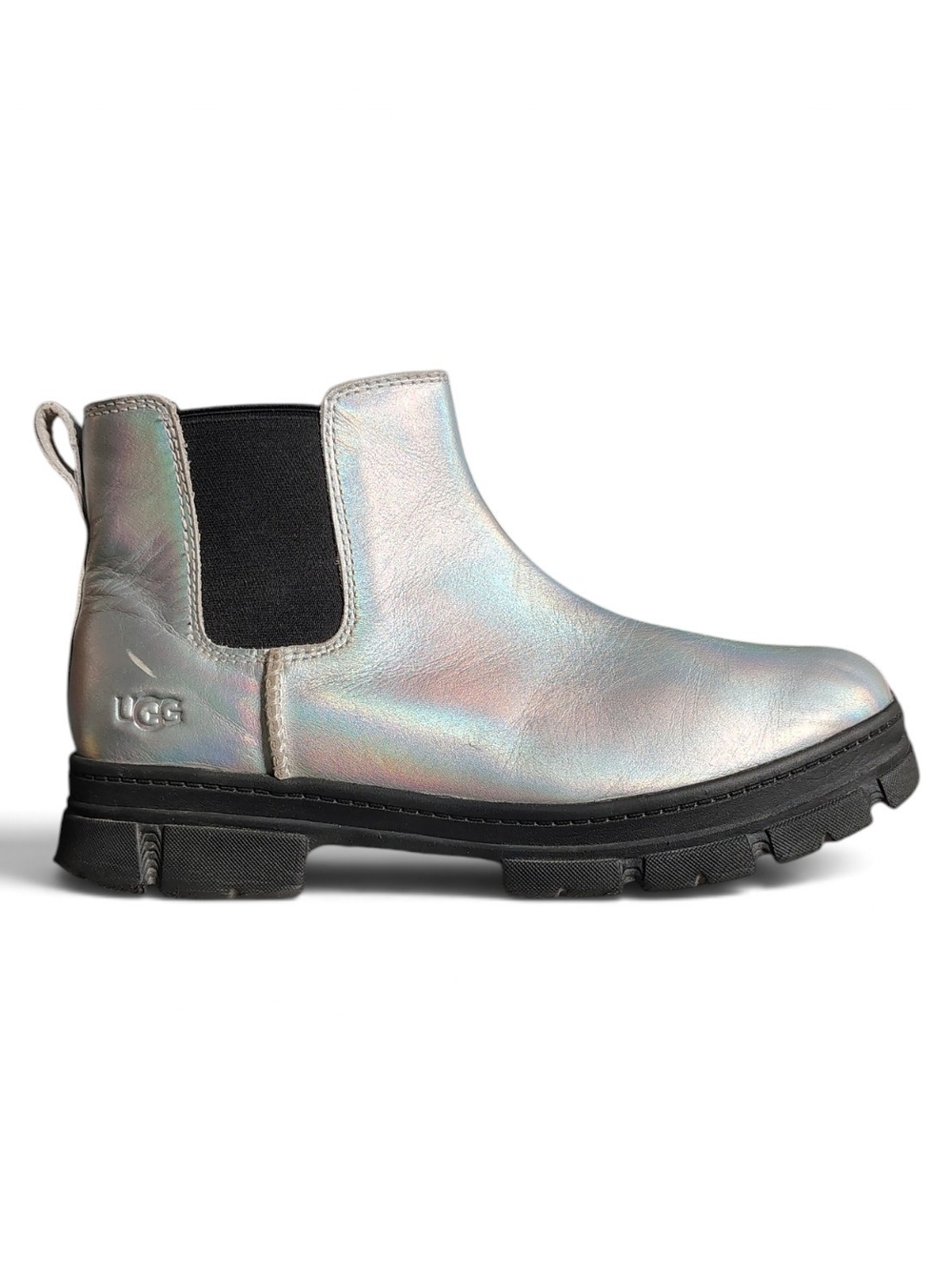 UGG Ashton Chelsea Iridescent Silver Holographic Ankle Lug Boot Women's Size 6